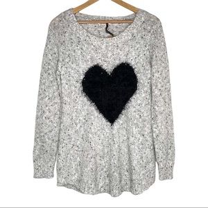 Molly Bracken Black and White Fuzzy Heart Crewneck Sweater NWOT